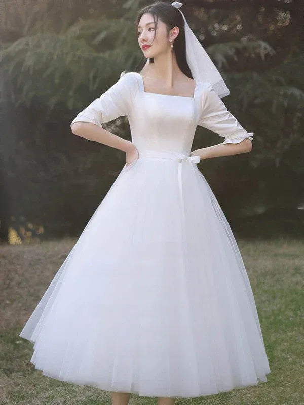 Satin waistband detail  Square Neck Satin Tulle Tea-Length Wedding Dress with Three-Quarter Sleeves