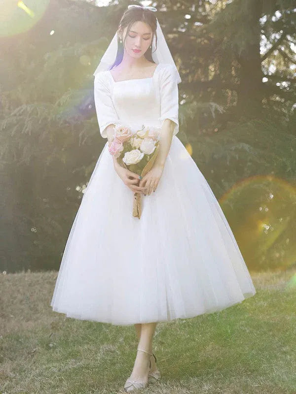 Satin waistband detail  Square Neck Satin Tulle Tea-Length Wedding Dress with Three-Quarter Sleeves