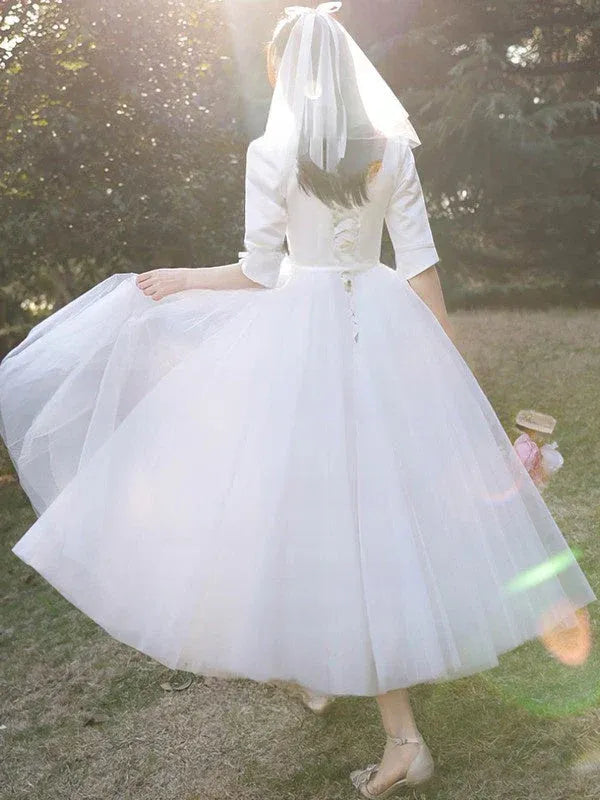 Satin waistband detail  Square Neck Satin Tulle Tea-Length Wedding Dress with Three-Quarter Sleeves