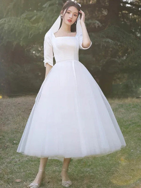 Satin waistband detail  Square Neck Satin Tulle Tea-Length Wedding Dress with Three-Quarter Sleeves