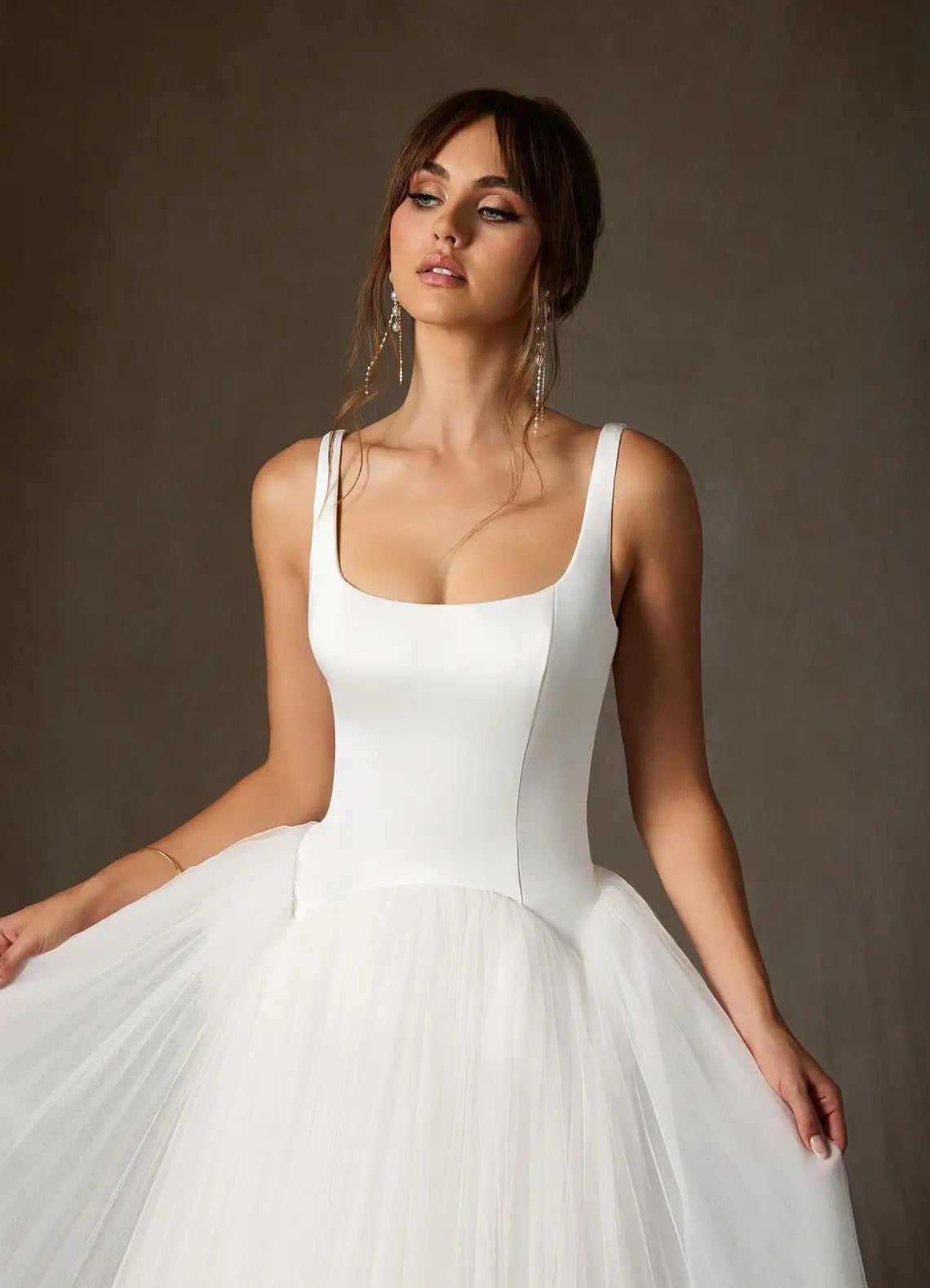 Scoop back with fabric button closure Square Neck Satin and Tulle Ball Gown Wedding Dress with Buttons Back