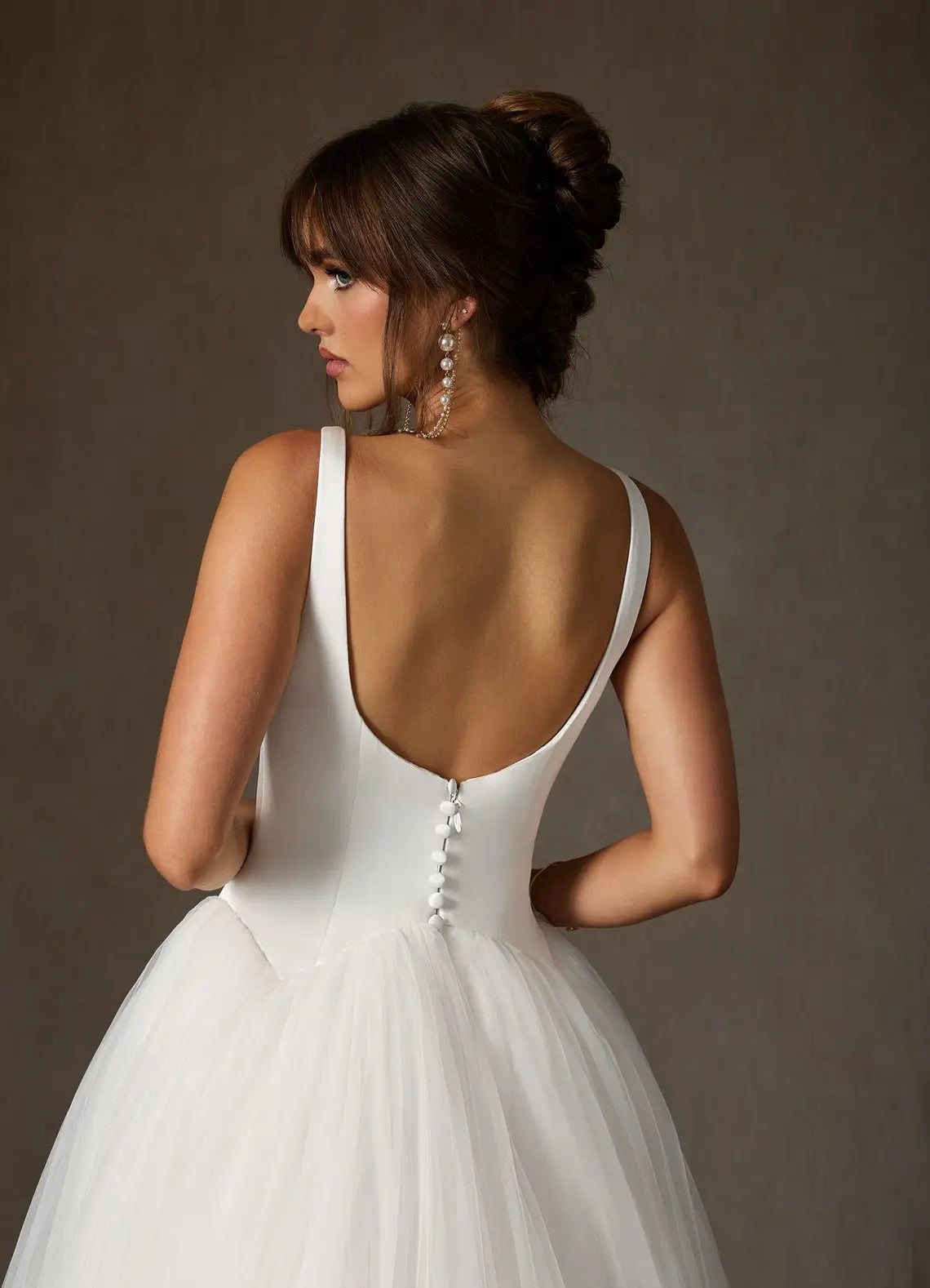 Scoop back with fabric button closure Square Neck Satin and Tulle Ball Gown Wedding Dress with Buttons Back