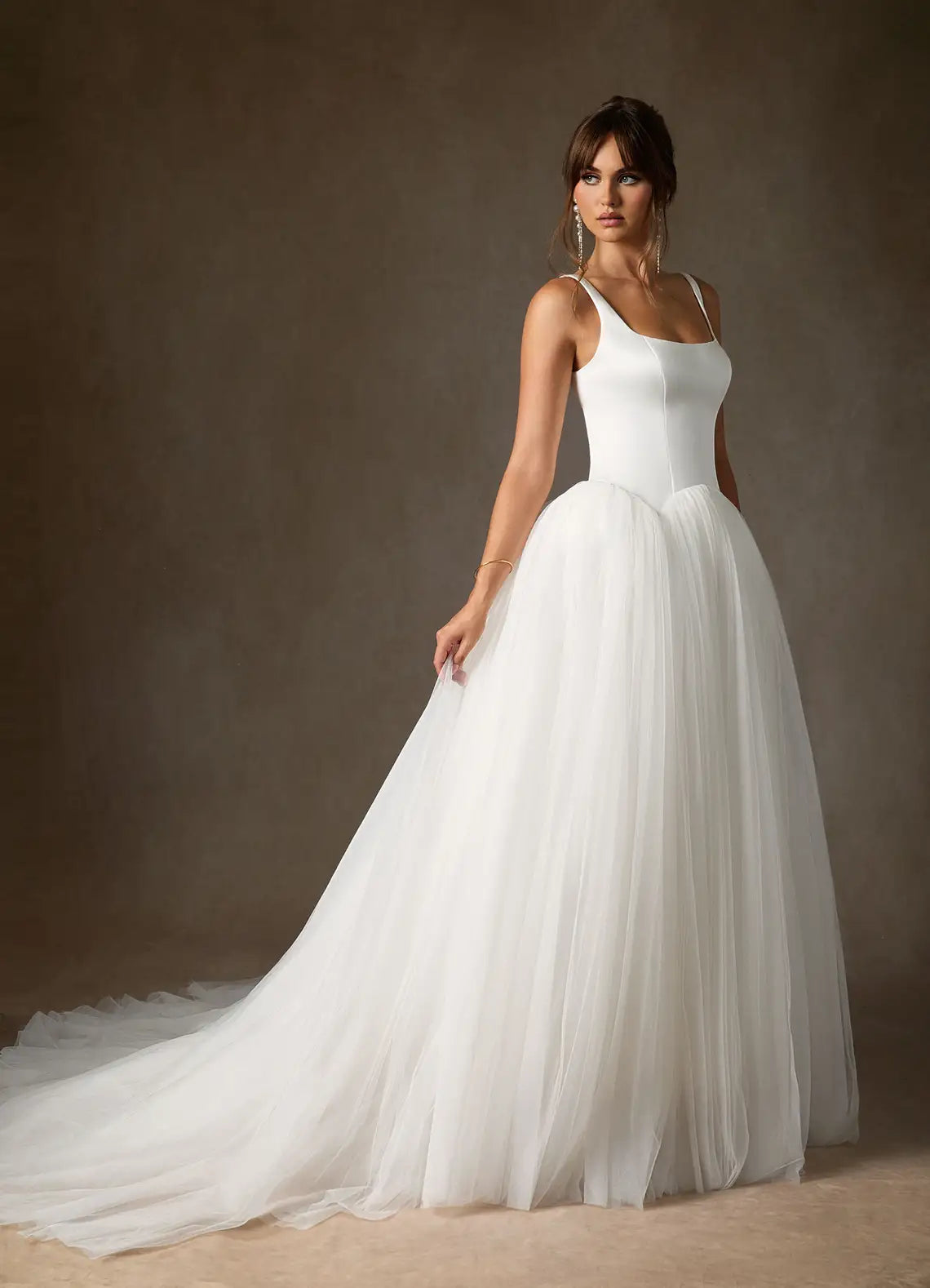 Scoop back with fabric button closure Square Neck Satin and Tulle Ball Gown Wedding Dress with Buttons Back