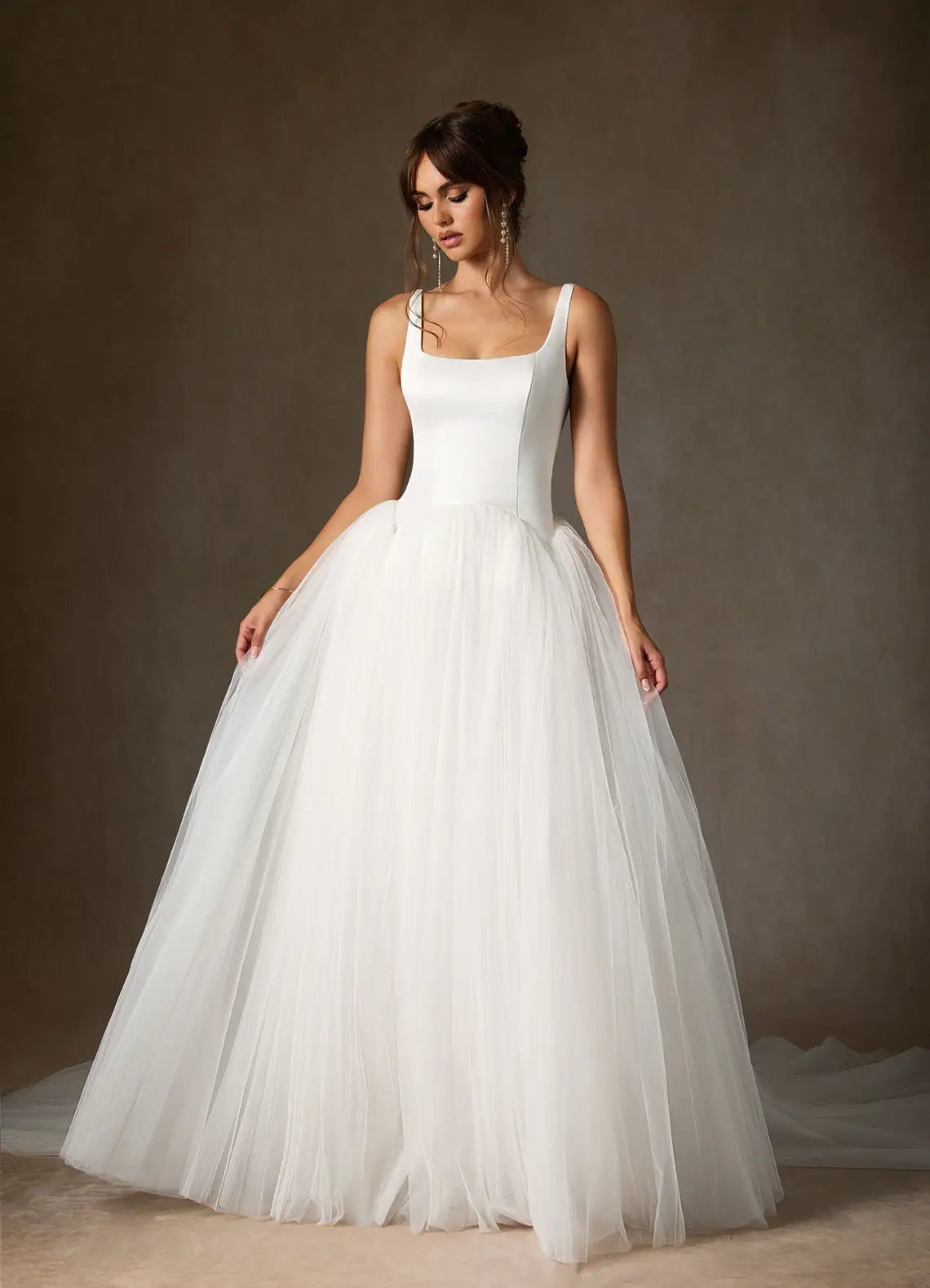 Scoop back with fabric button closure Square Neck Satin and Tulle Ball Gown Wedding Dress with Buttons Back