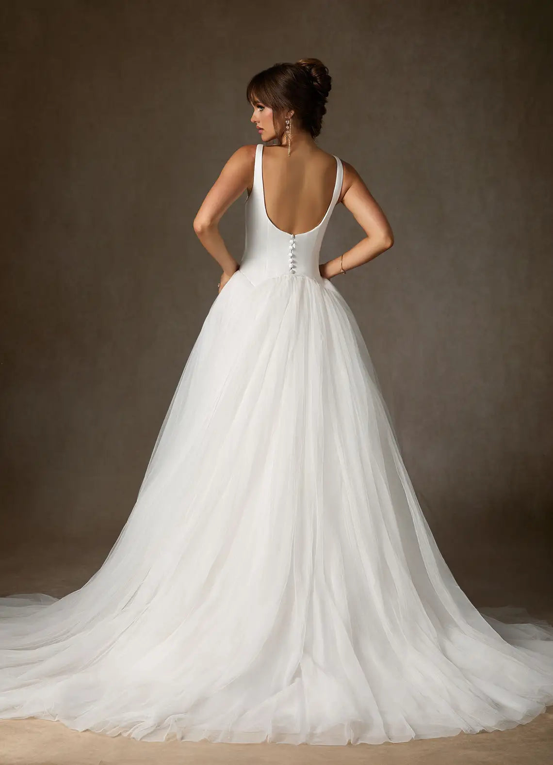 Scoop back with fabric button closure Square Neck Satin and Tulle Ball Gown Wedding Dress with Buttons Back