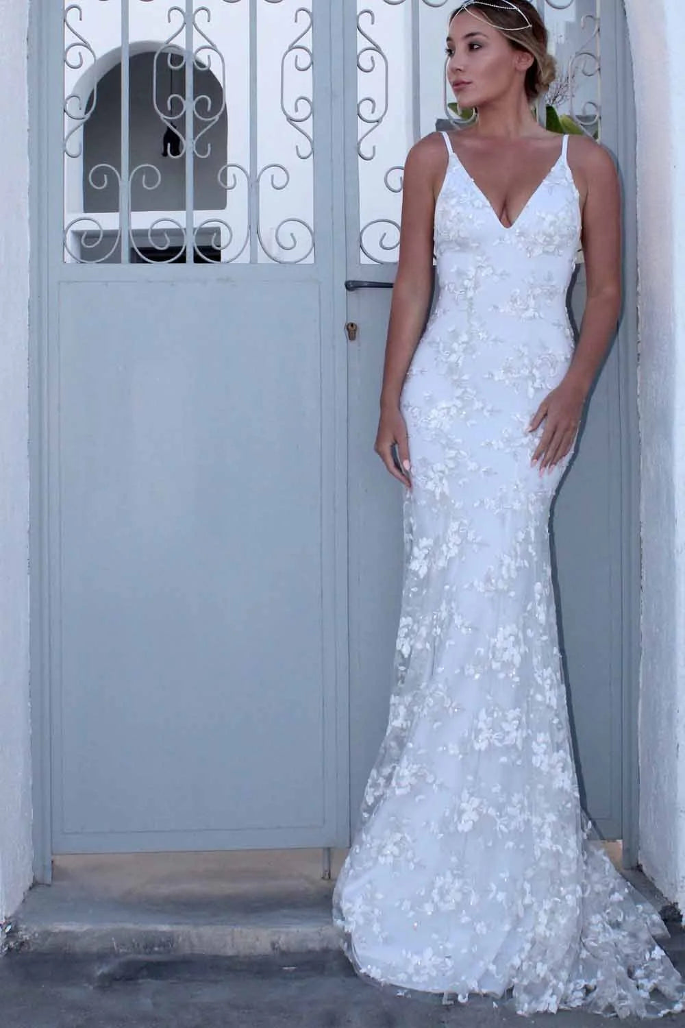 Sexy Backless Off White Mermaid Lace V Neck Wedding Dresses Long Prom Dresses