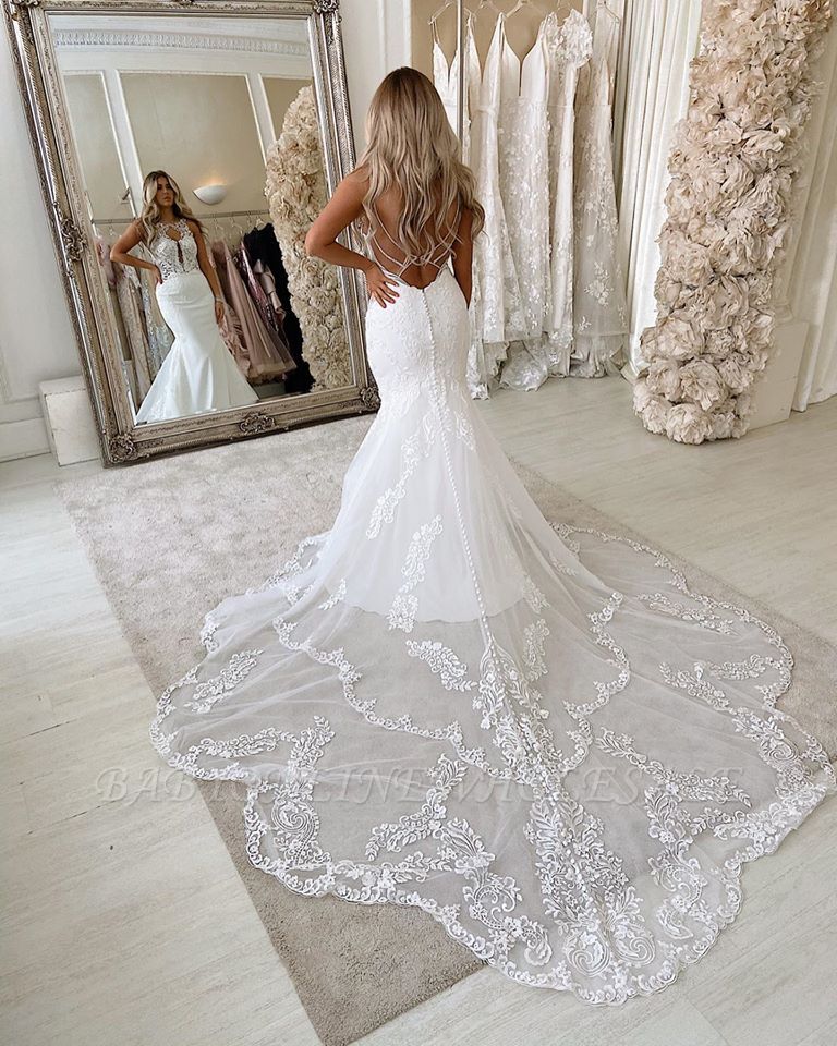 Sexy Lace Sleeveless Mermaid Backless Wedding Dresses With Applique
