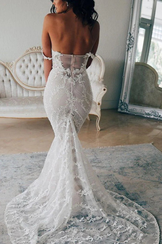 Sexy Mermaid Backless Off the Shoulder Lace Long Wedding Dresses