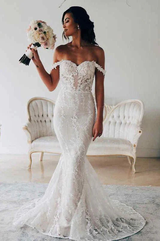 Sexy Mermaid Backless Off the Shoulder Lace Long Wedding Dresses