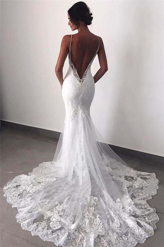Sexy Mermaid Spaghetti Straps Wedding Dresses Lace Appliques Wedding Gowns With Tulle