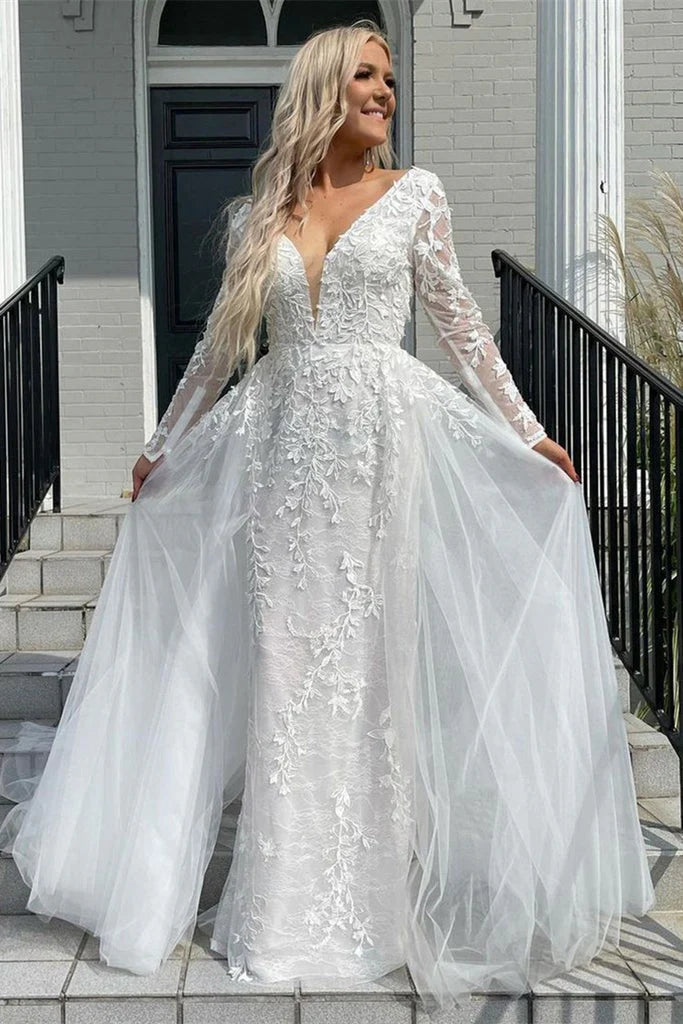Sexy V Neck Mermaid/Trumpet Appliques Wedding Dresses With Detachable Skirt