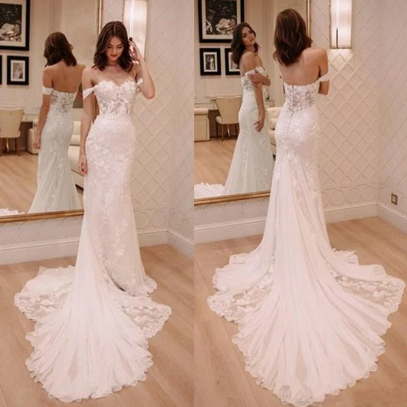 Sheath Off-the-Shoulder White Mermaid Chiffon Lace Appliques Beach Wedding Dresses