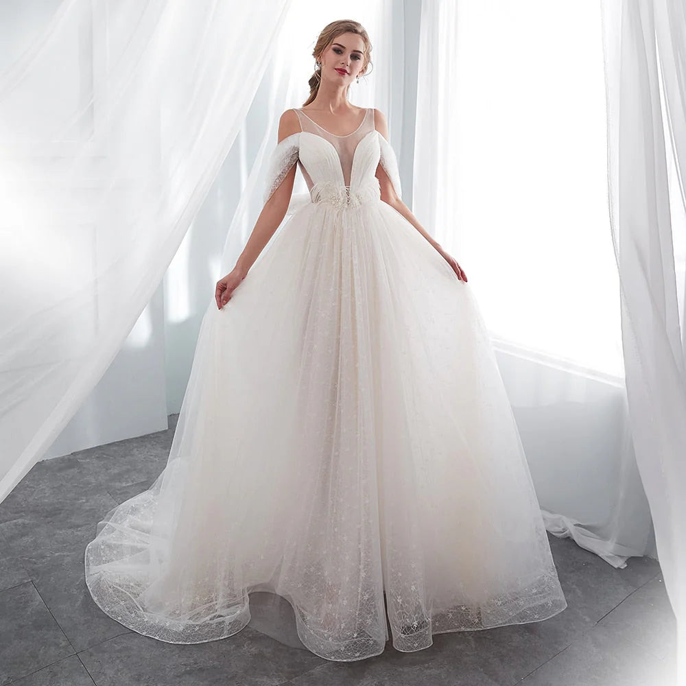 Dingji WeddingjiDress Sheer Beach Scoop A Line Beading Tulle Wedding Dresses