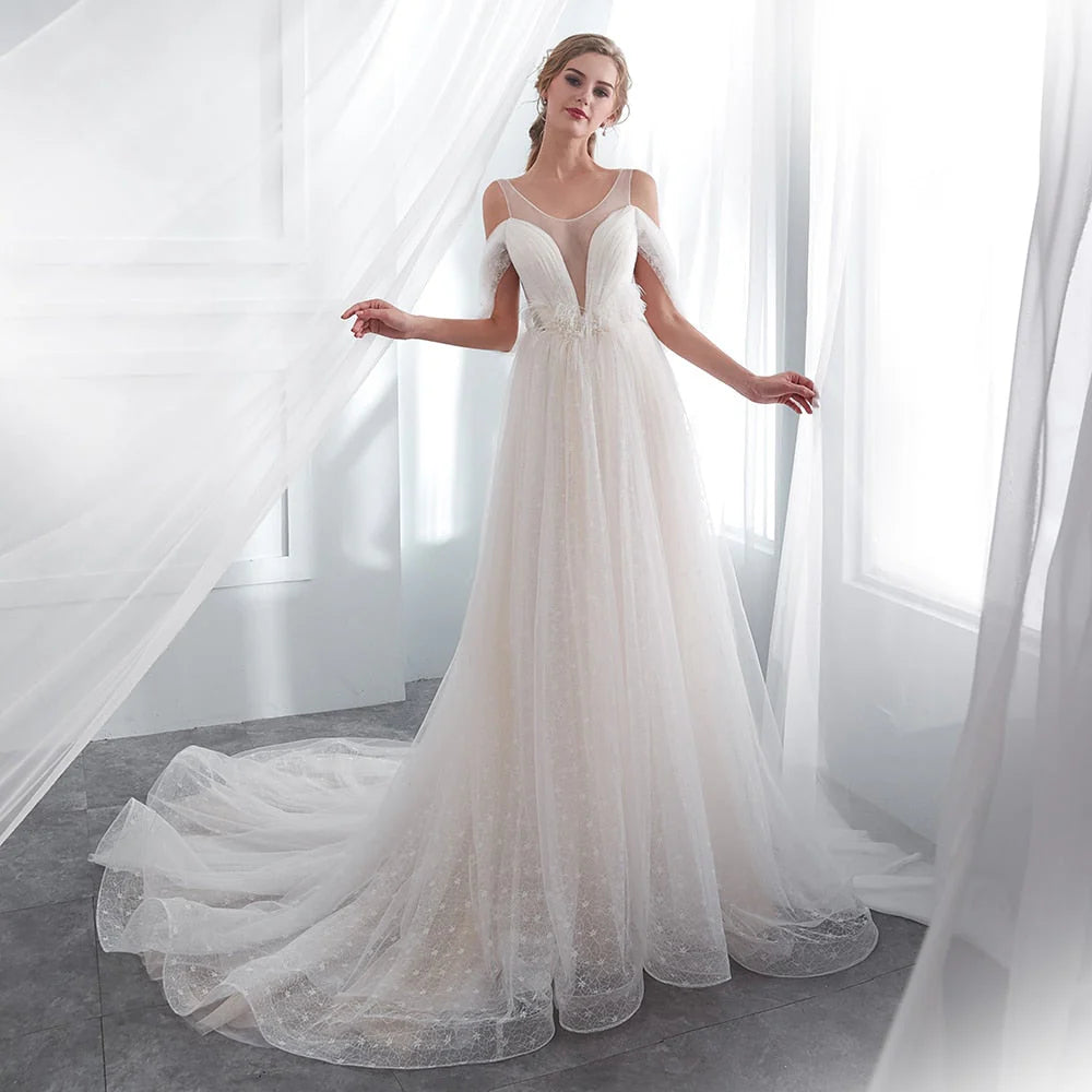 Dingji WeddingjiDress Sheer Beach Scoop A Line Beading Tulle Wedding Dresses