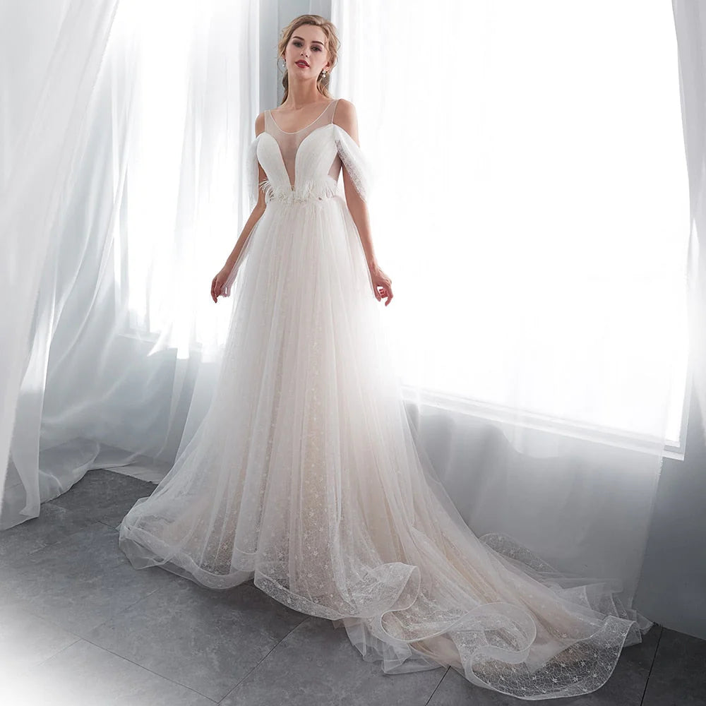 Dingji WeddingjiDress Sheer Beach Scoop A Line Beading Tulle Wedding Dresses