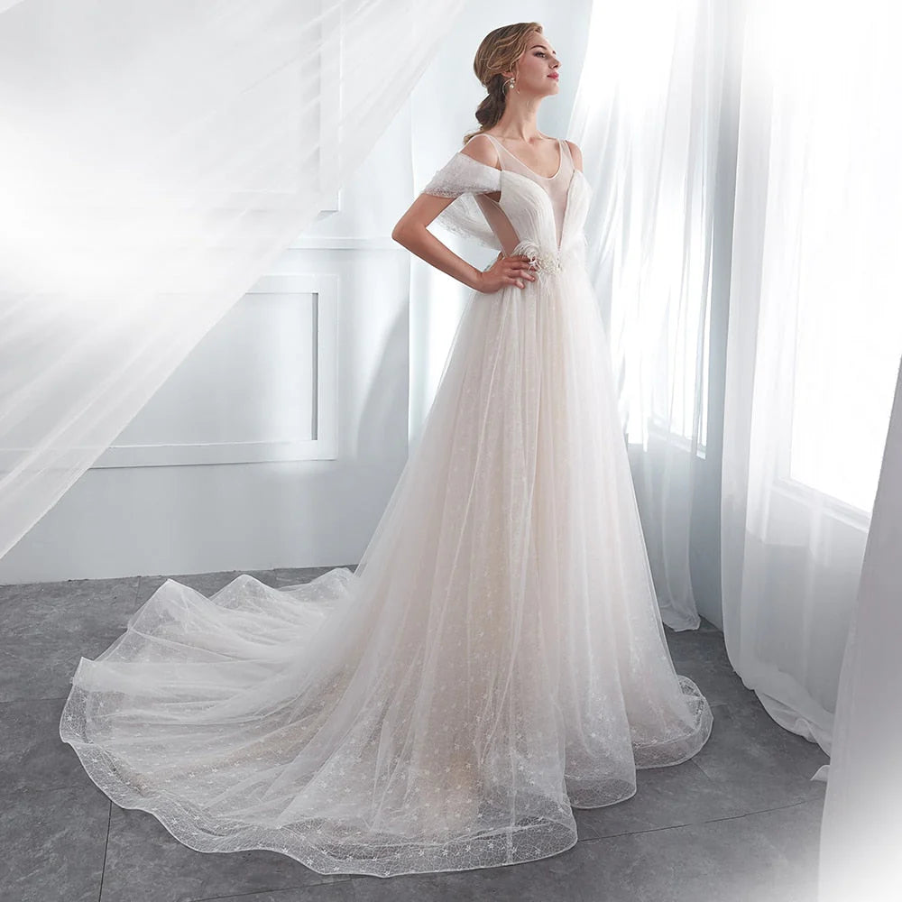 Dingji WeddingjiDress Sheer Beach Scoop A Line Beading Tulle Wedding Dresses