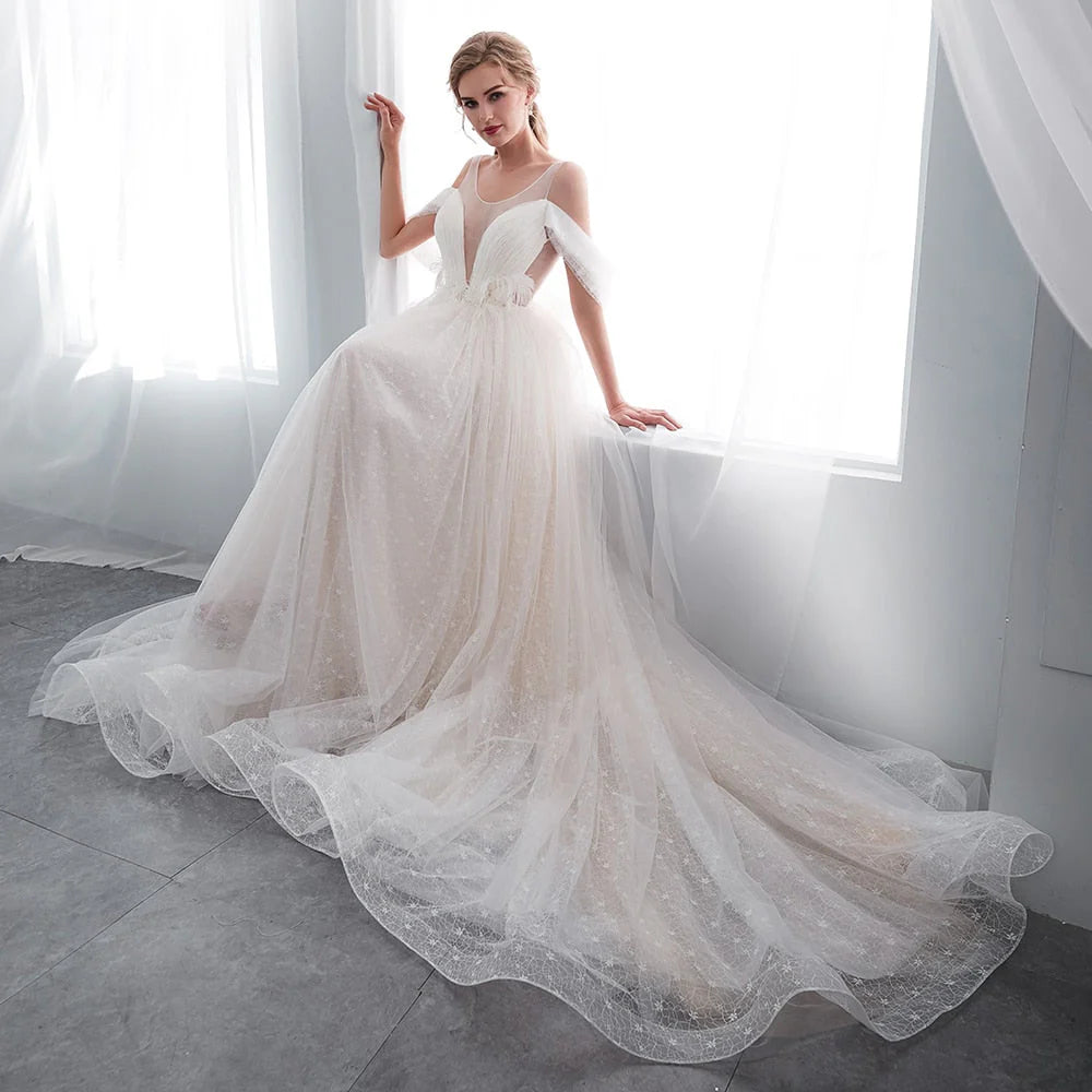 Dingji WeddingjiDress Sheer Beach Scoop A Line Beading Tulle Wedding Dresses