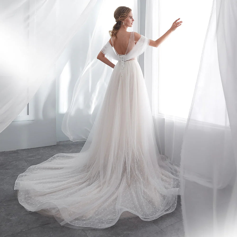 Dingji WeddingjiDress Sheer Beach Scoop A Line Beading Tulle Wedding Dresses
