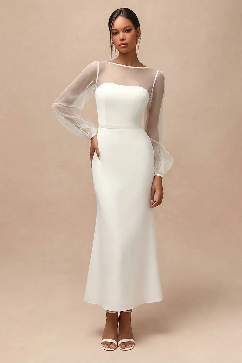 Sheer Tulle Long Sleeve Mermaid Wedding Dress