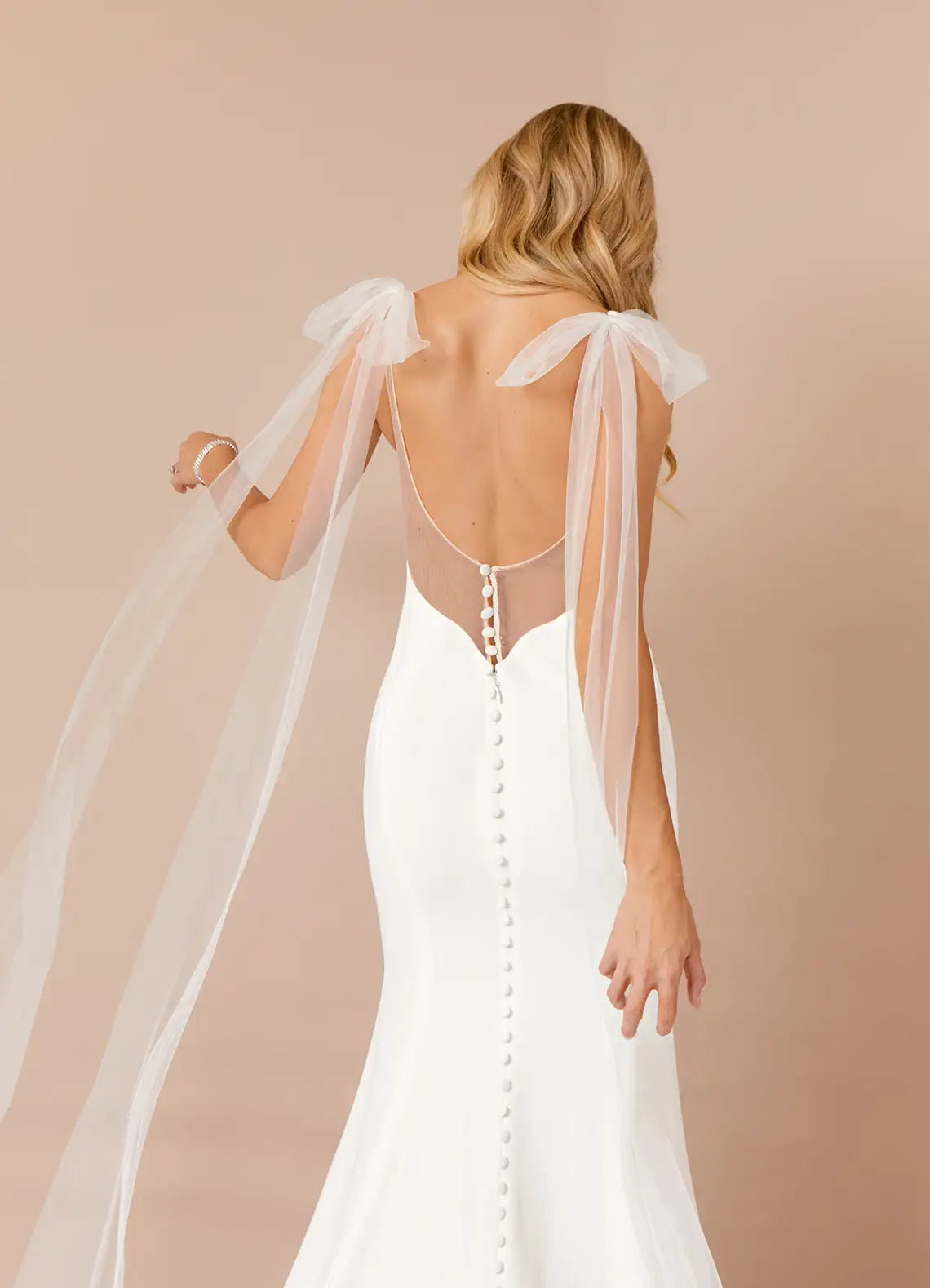 Sheer V-back With Button Closure Crepe Mermaid Wedding Dress with Sheer Back and Tulle Bow Trails