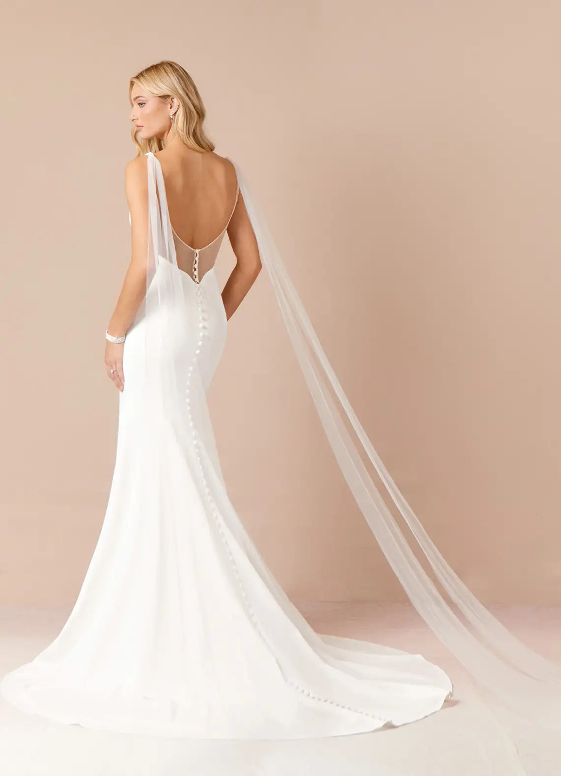 Sheer V-back With Button Closure Crepe Mermaid Wedding Dress with Sheer Back and Tulle Bow Trails