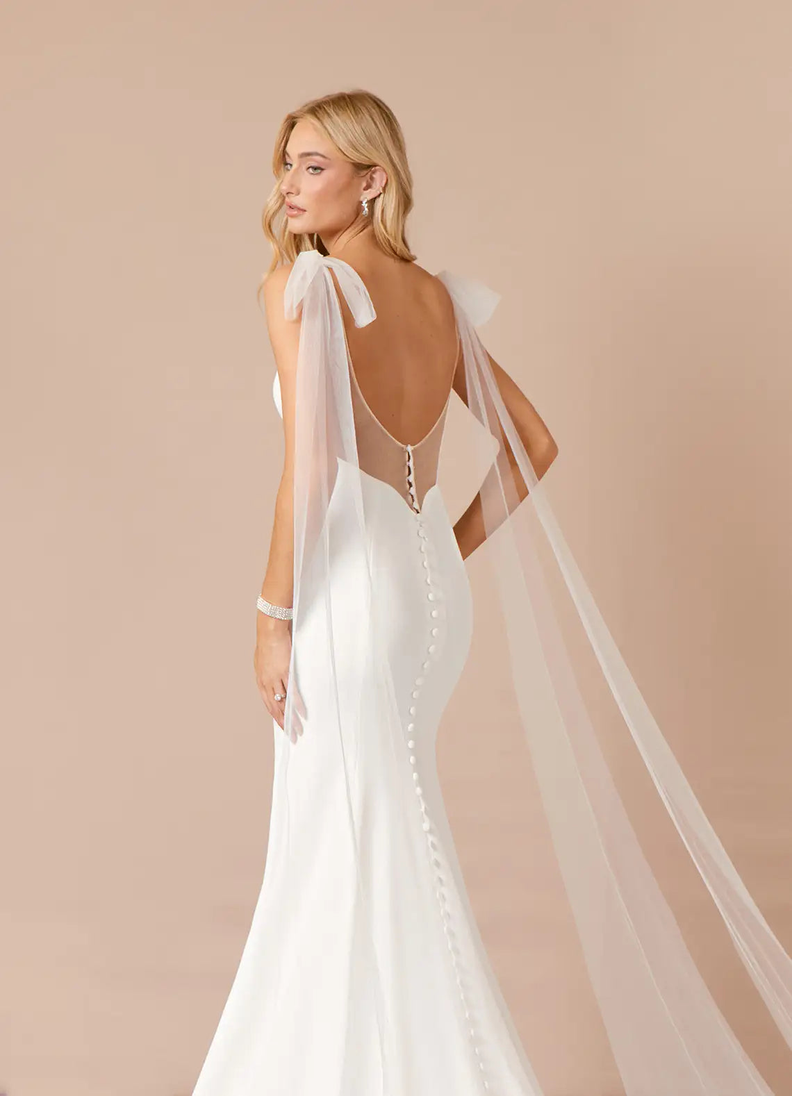 Sheer V-back With Button Closure Crepe Mermaid Wedding Dress with Sheer Back and Tulle Bow Trails