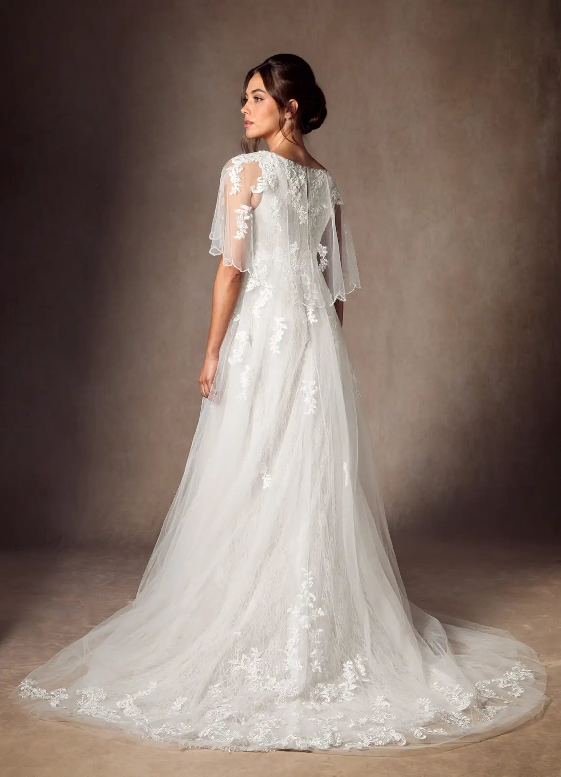 Sheer lace capelet sleeves with beaded trim Floral Lace Tulle Empire Waist Wedding Dress with Capelet Sleeves