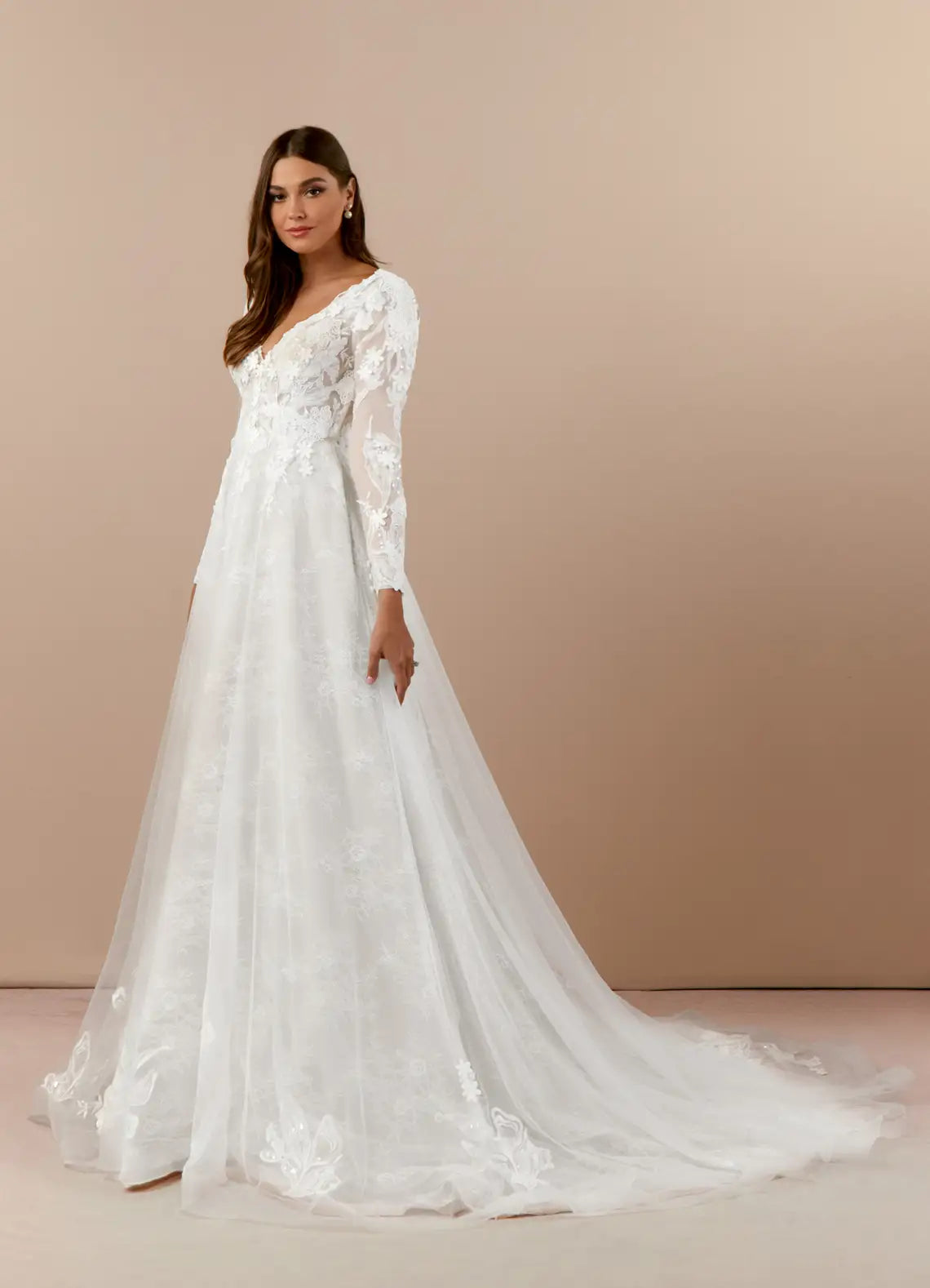 Sheer long lace sleeves Plus Size Long Sleeve Lace A-Line Wedding Dress with V-Back