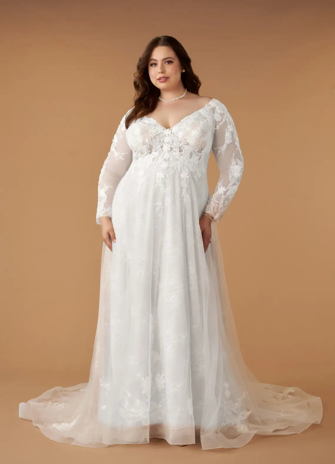 Sheer long lace sleeves Plus Size Long Sleeve Lace A-Line Wedding Dress with V-Back