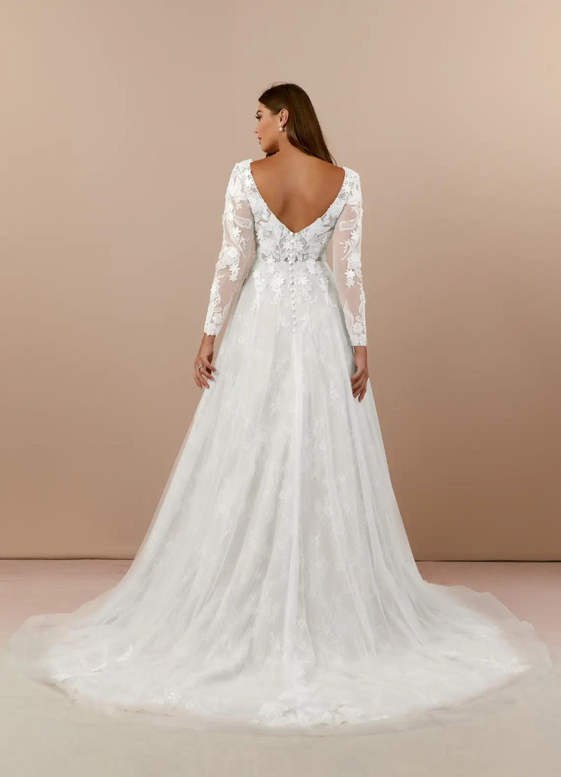 Sheer long lace sleeves Plus Size Long Sleeve Lace A-Line Wedding Dress with V-Back