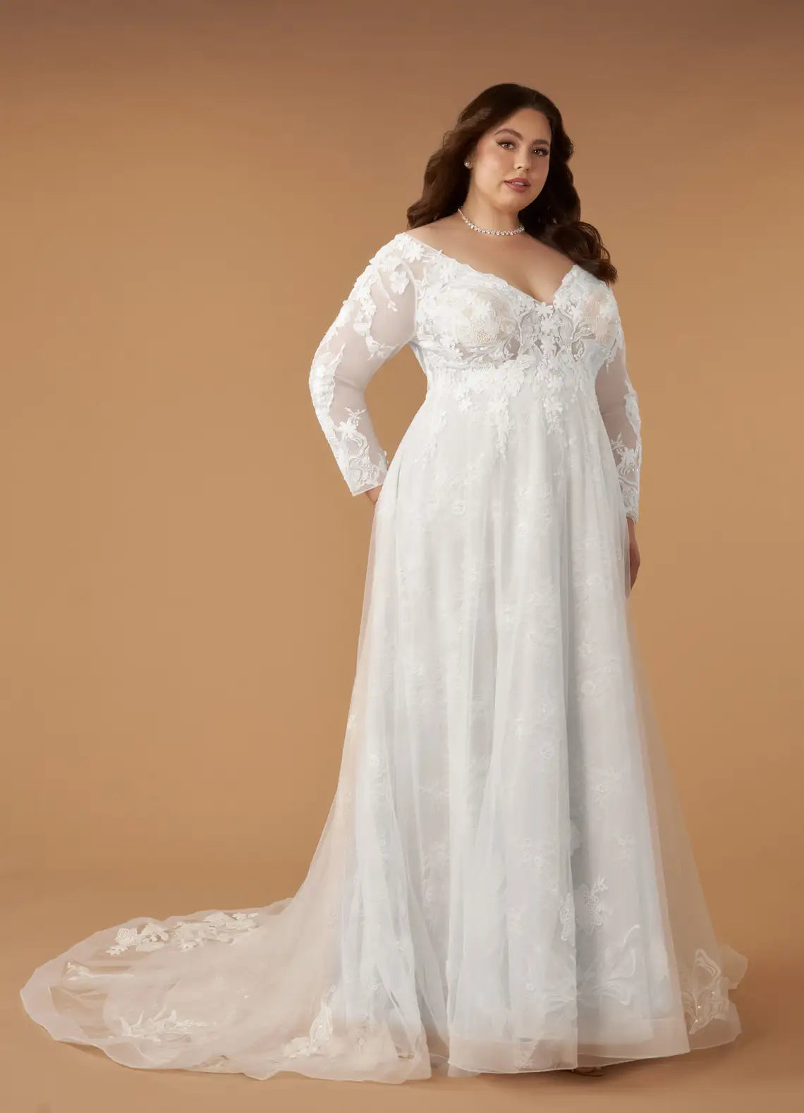 Sheer long lace sleeves Plus Size Long Sleeve Lace A-Line Wedding Dress with V-Back