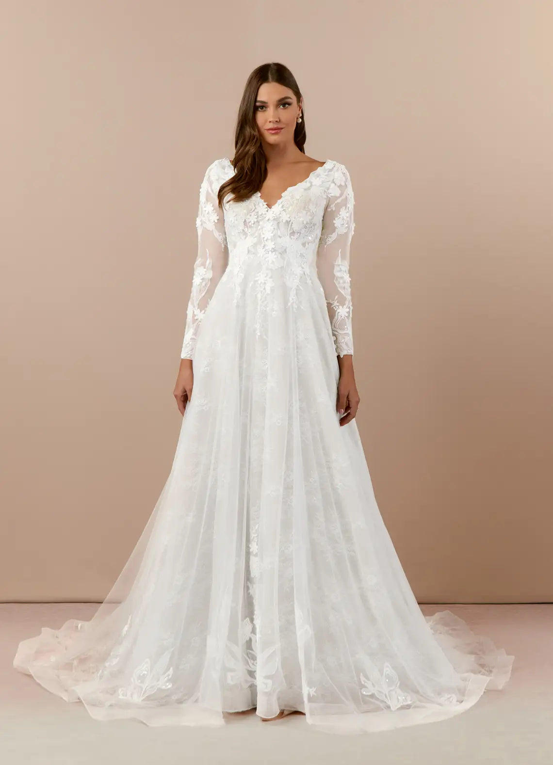 Sheer long lace sleeves Plus Size Long Sleeve Lace A-Line Wedding Dress with V-Back