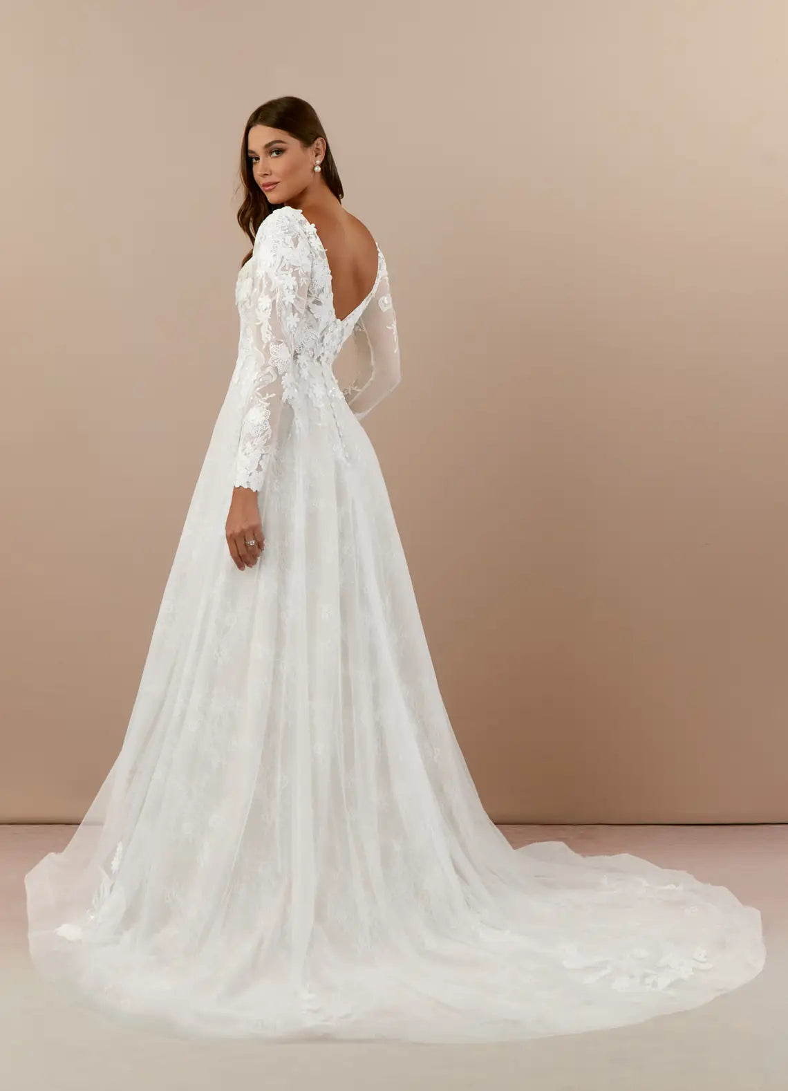 Sheer long lace sleeves Plus Size Long Sleeve Lace A-Line Wedding Dress with V-Back