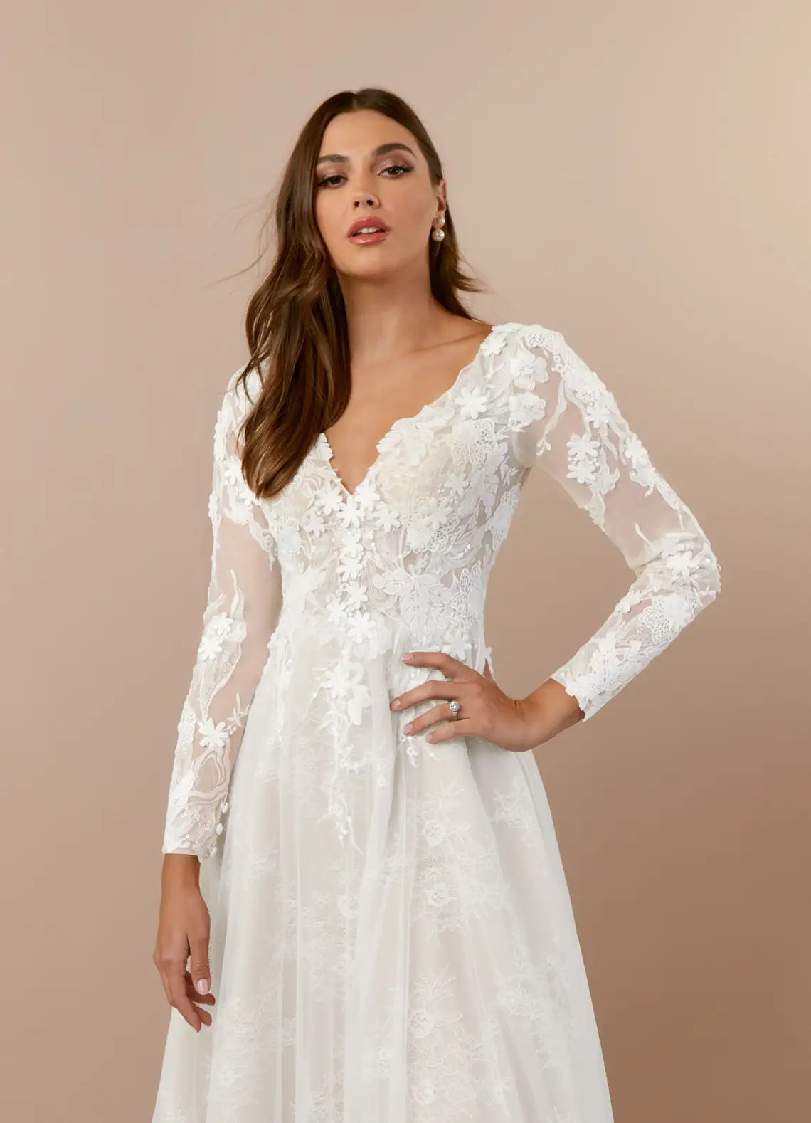 Sheer long lace sleeves Plus Size Long Sleeve Lace A-Line Wedding Dress with V-Back