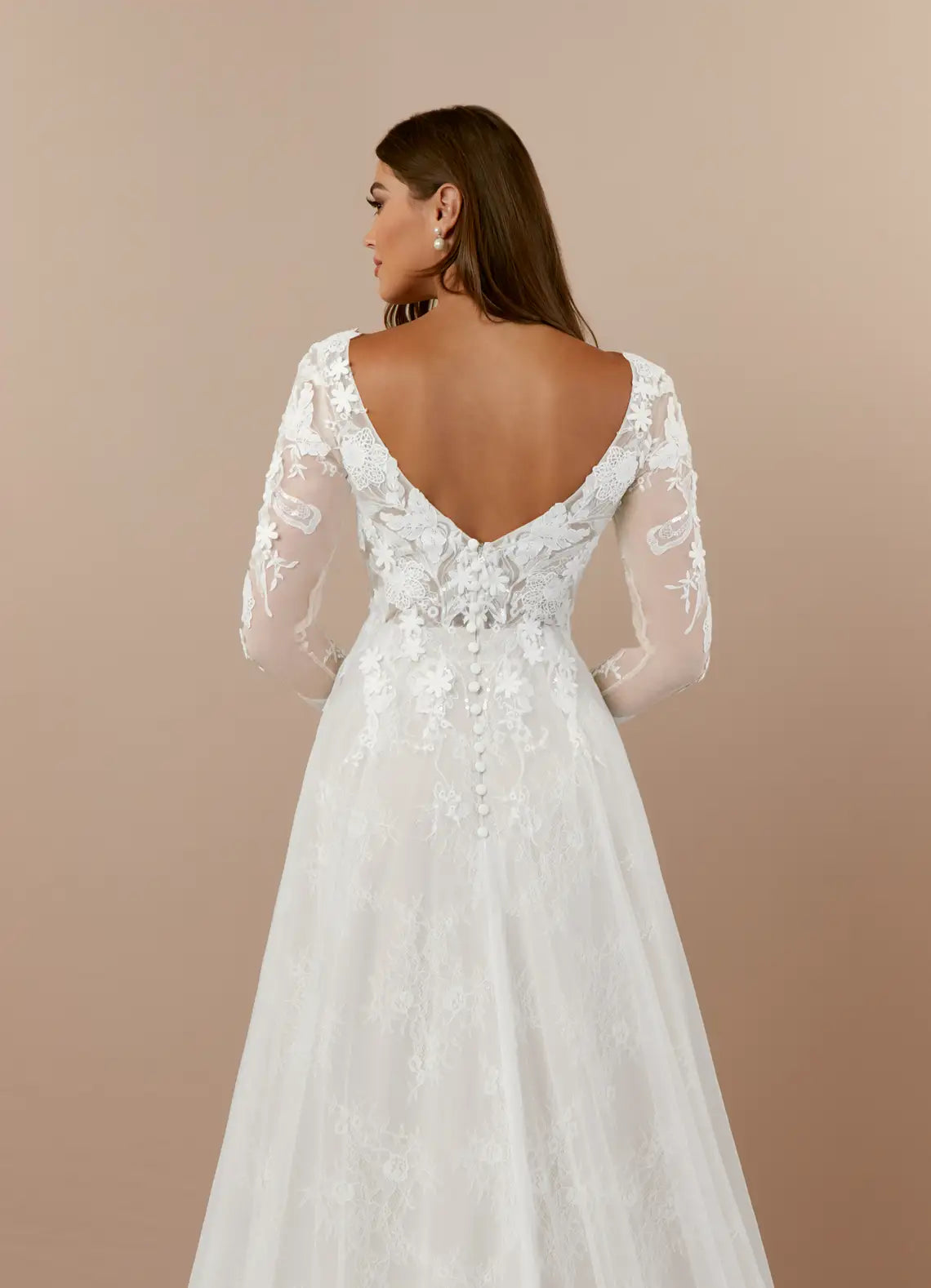 Sheer long lace sleeves Plus Size Long Sleeve Lace A-Line Wedding Dress with V-Back