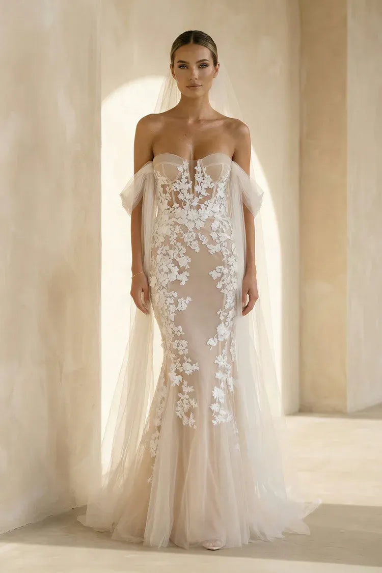 Sheer tulle construction with nude lining Off-the-Shoulder Floral Lace Mermaid Wedding Dress with Sheer Corset