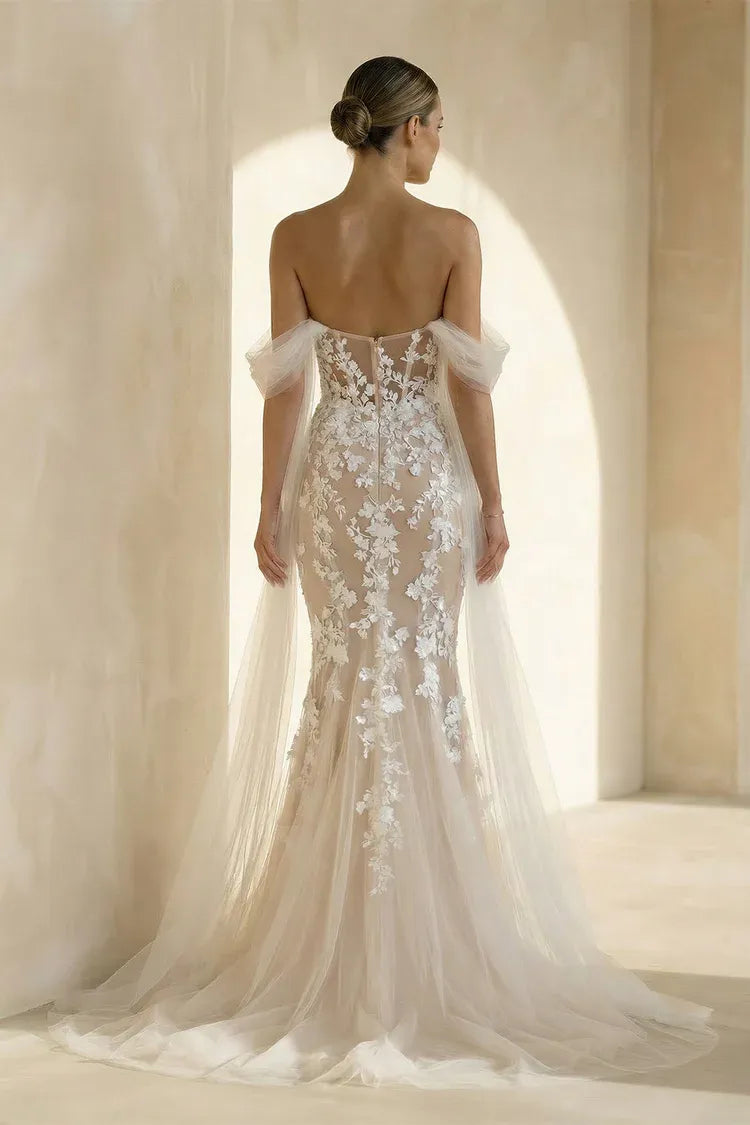 Sheer tulle construction with nude lining Off-the-Shoulder Floral Lace Mermaid Wedding Dress with Sheer Corset