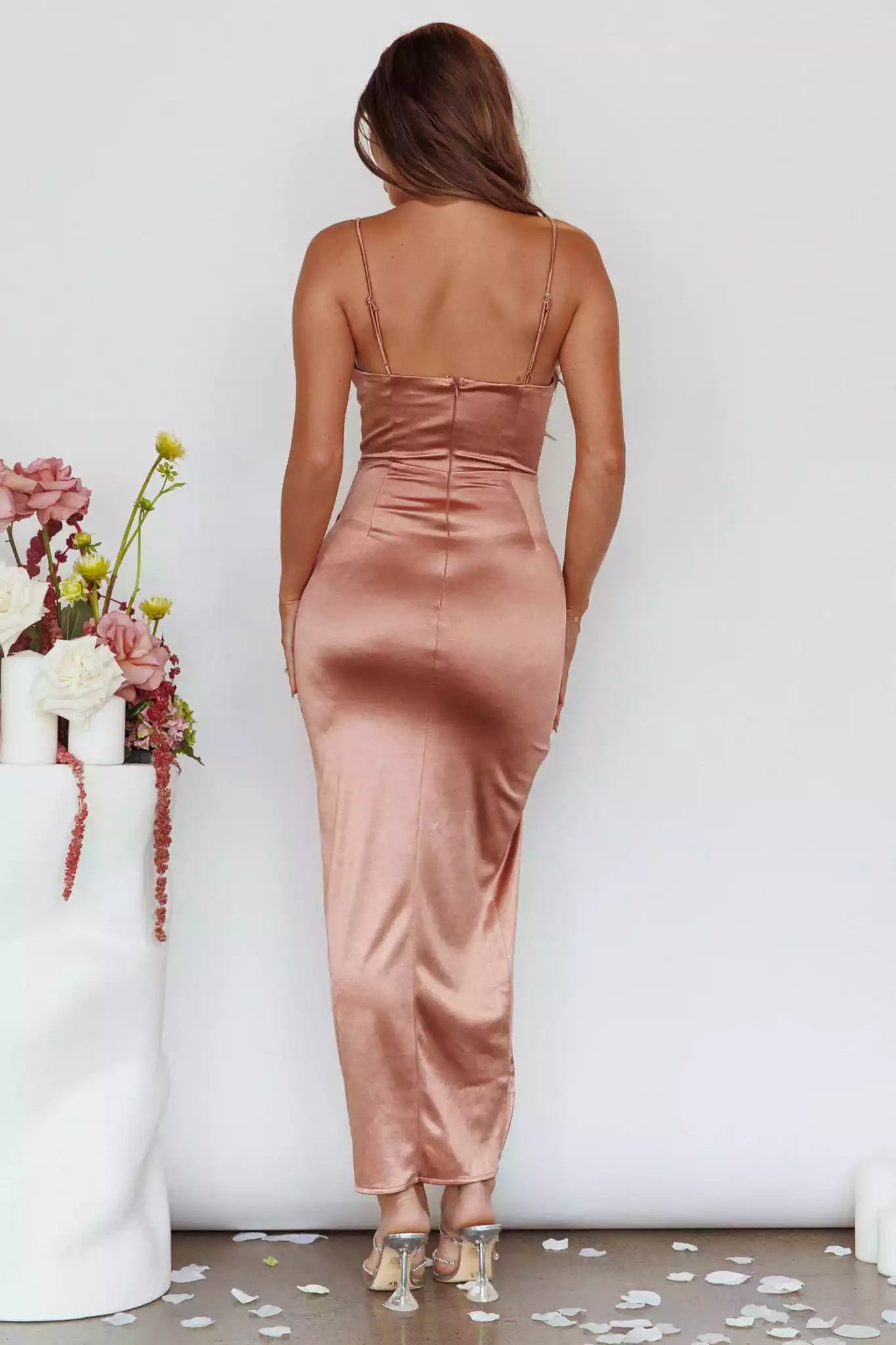 Shining satin with ultra long lining, adjustable shoulder straps, slit wrap skirt, back with zipper Prom Dresses