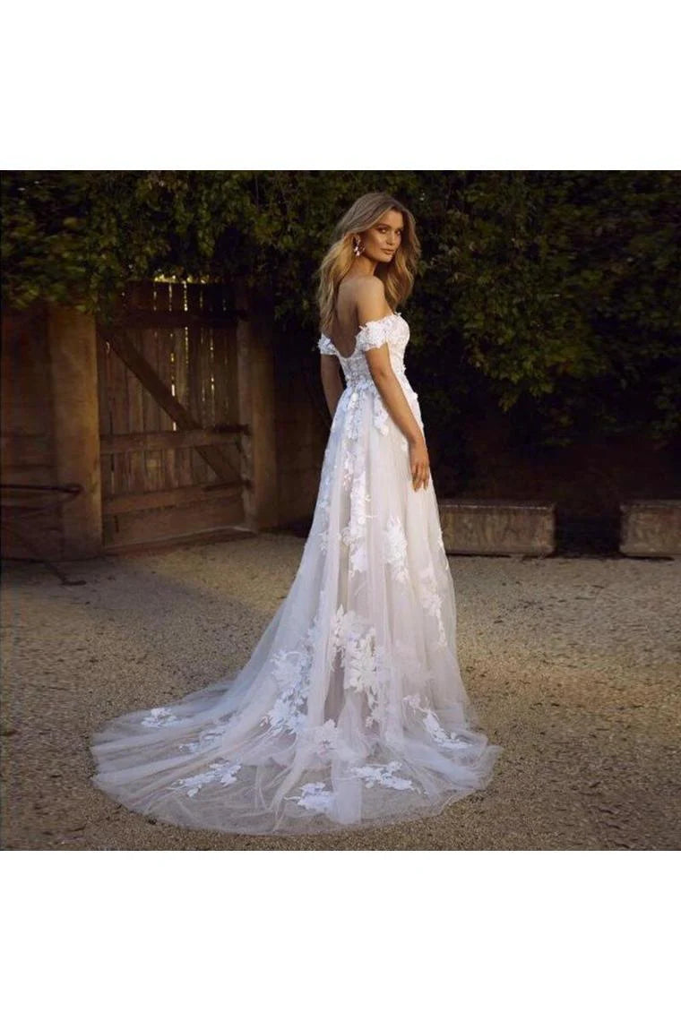 Simple A Line Off The Shoulder White Tulle Beach Wedding Dresses With Appliques
