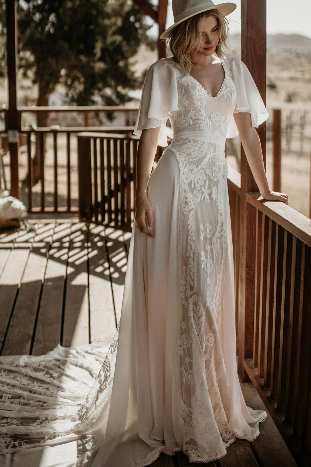 A-line V-Neck Shortb Sleeves Appliques Wedding Dress