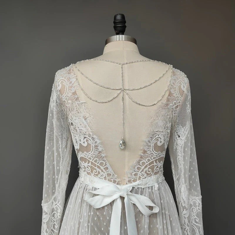 Dingji Simple Boho Long Sleeve V-Neck Wedding Dresses Lace Bohemian Backless Wedding Gowns