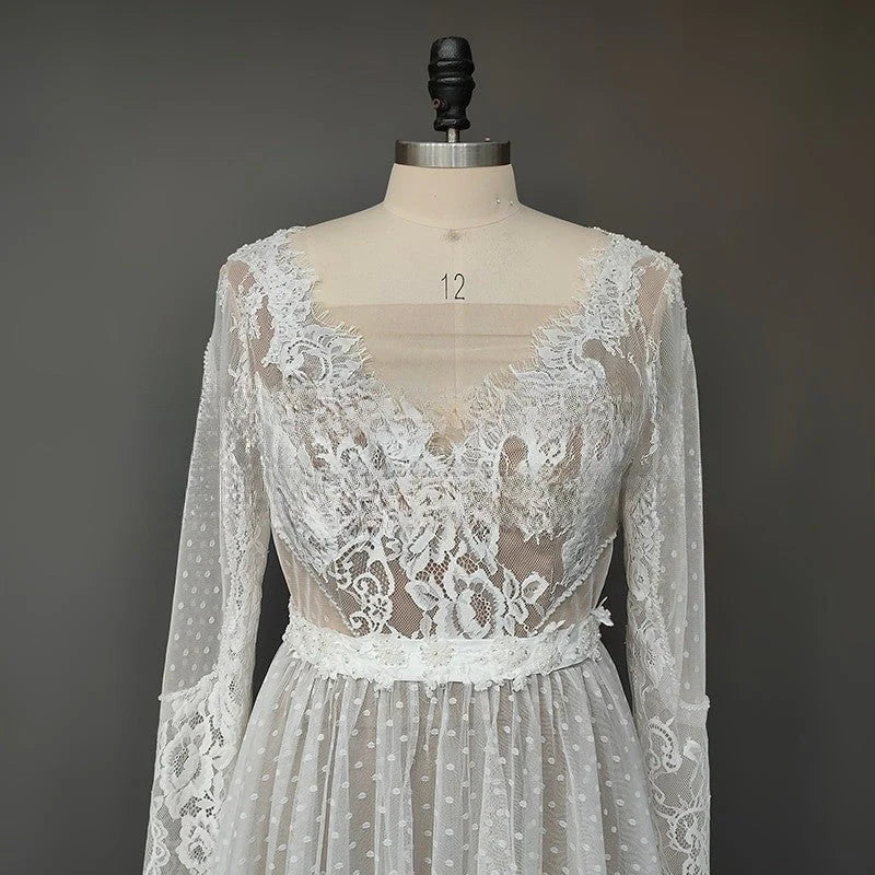 Dingji Simple Boho Long Sleeve V-Neck Wedding Dresses Lace Bohemian Backless Wedding Gowns
