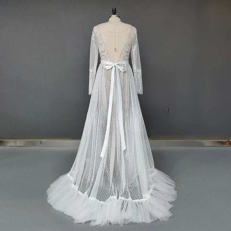 Dingji Simple Boho Long Sleeve V-Neck Wedding Dresses Lace Bohemian Backless Wedding Gowns