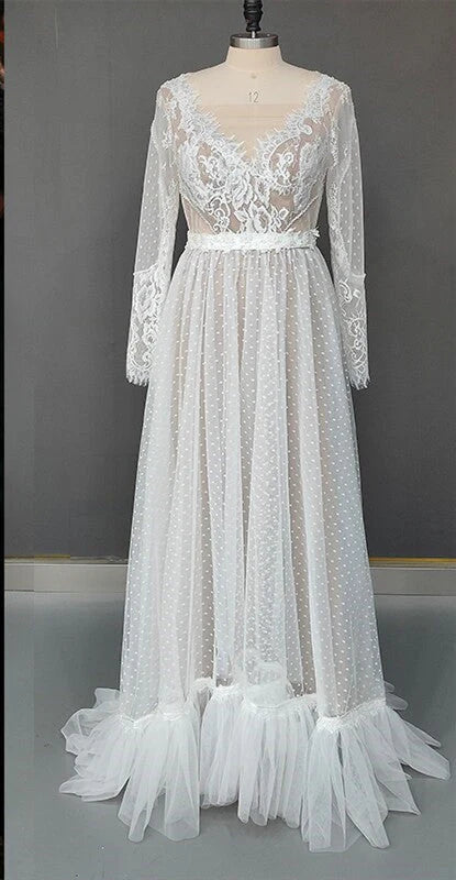 Dingji Simple Boho Long Sleeve V-Neck Wedding Dresses Lace Bohemian Backless Wedding Gowns