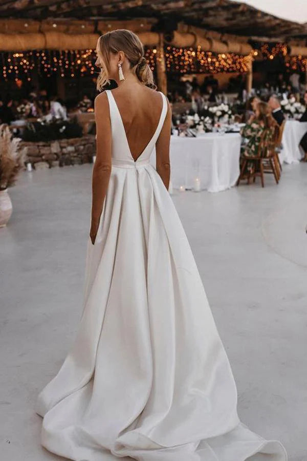 Simple Deep V Neck Satin Split Backless White Wedding Dresses Bride Gowns