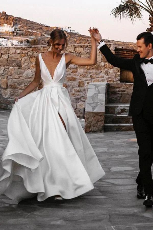 Simple Deep V Neck Satin Split Backless White Wedding Dresses Bride Gowns