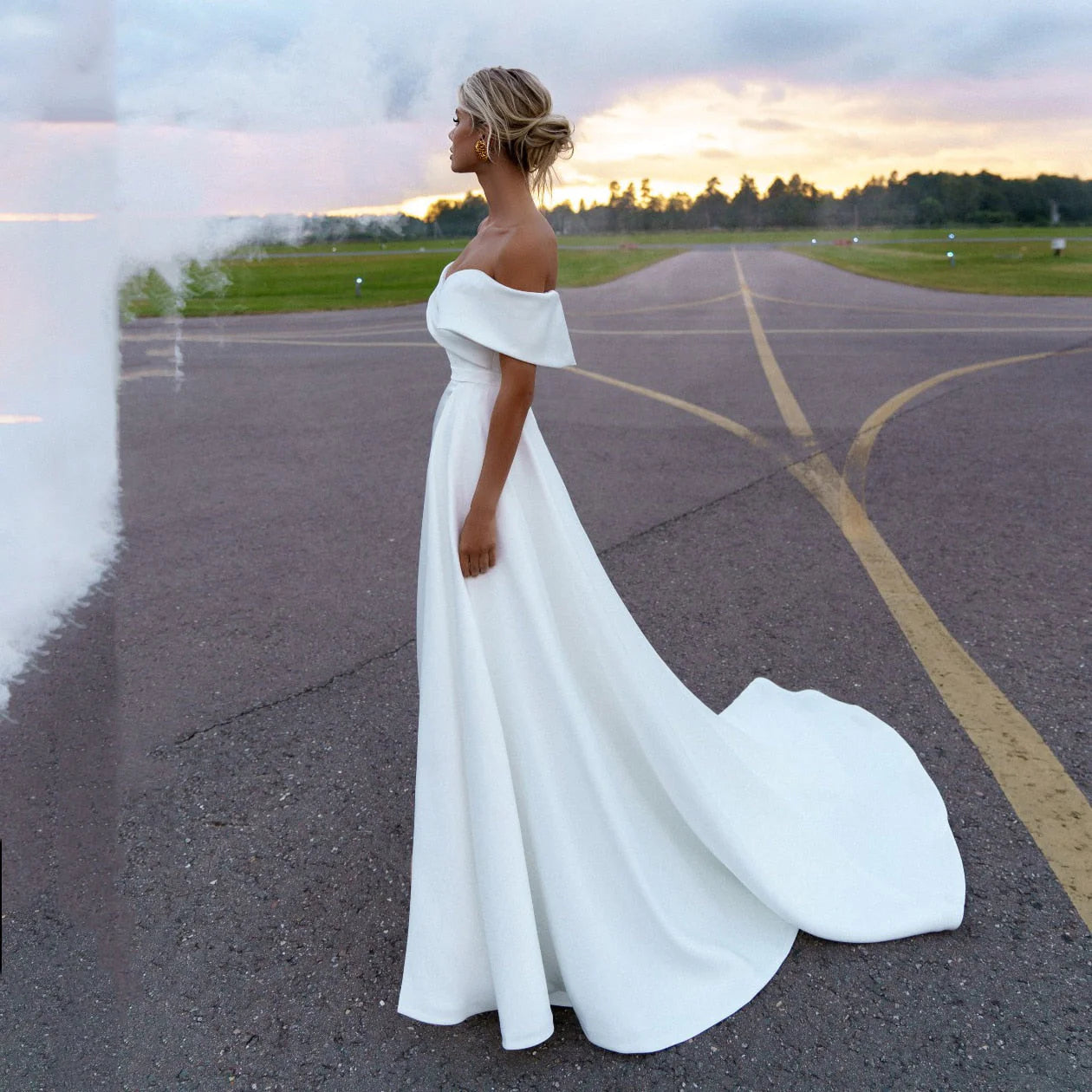 Simple Off the Shoulder Satin Sheath Ruched Wedding Dress With Detachable Overskirt