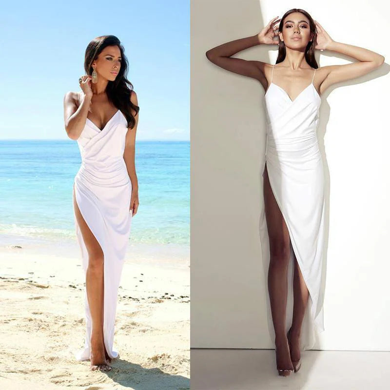 Dingji WeddingjiDress Simple Sexy Open Back Beach Side Slit Spaghetti Straps Summer White Wedding Dresses