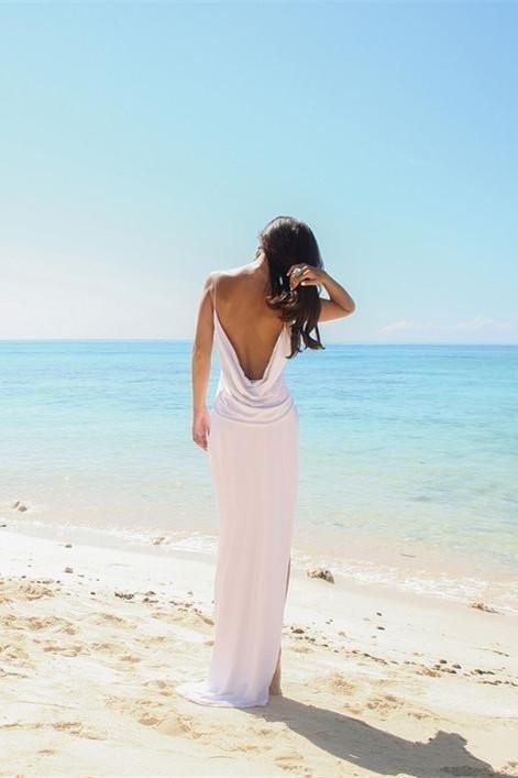 Dingji WeddingjiDress Simple Sexy Open Back Beach Side Slit Spaghetti Straps Summer White Wedding Dresses