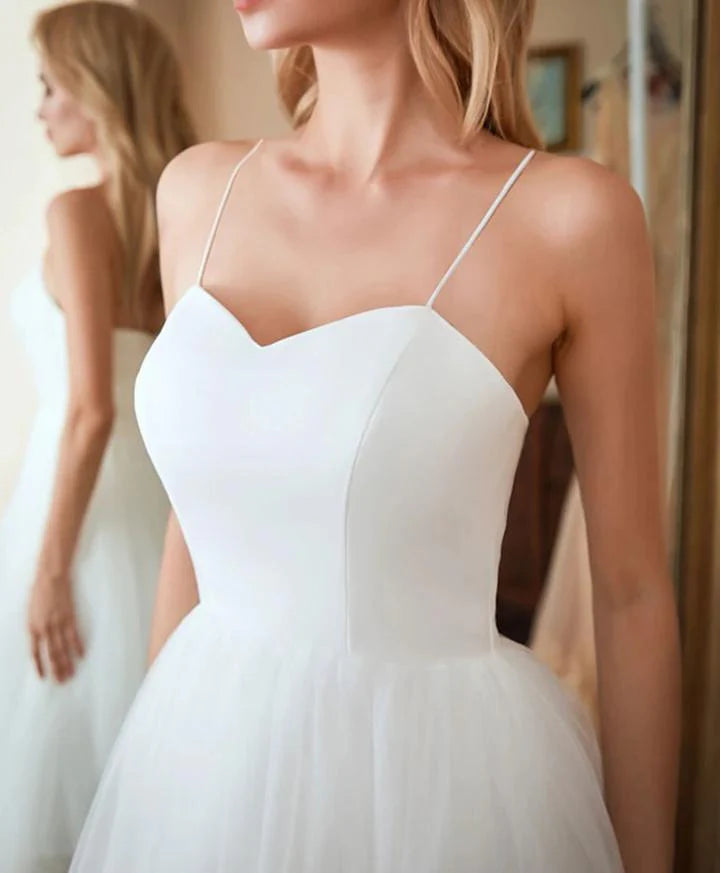 Simple Spaghetti Straps Ivory Satin Tulle Beach Wedding Dresses